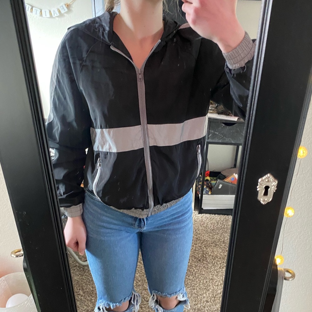 Rue 21 Black, Reflective, Mildy cropped, zip up, wind breaker. Size S